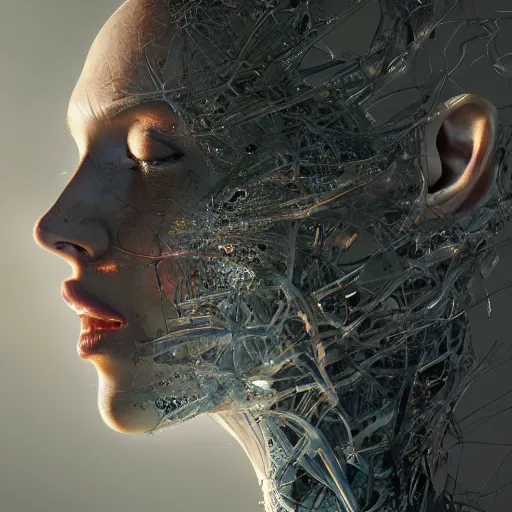 Image similar to Subsequent layers peeling back to reveal a woman's cybernetic skin, digital art extreme detail, octane render, 8k, by Dave McKean and artgerm and Ilya Repin