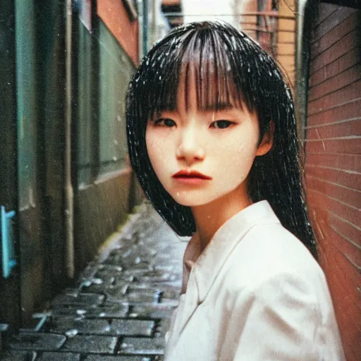 Image similar to 1990s perfect 8K HD professional cinematic photo of close-up japanese schoolgirl posing in sci-fi dystopian alleyway at morning during rain, at instagram, Behance, Adobe Lightroom, with instagram filters, depth of field, taken with polaroid kodak portra