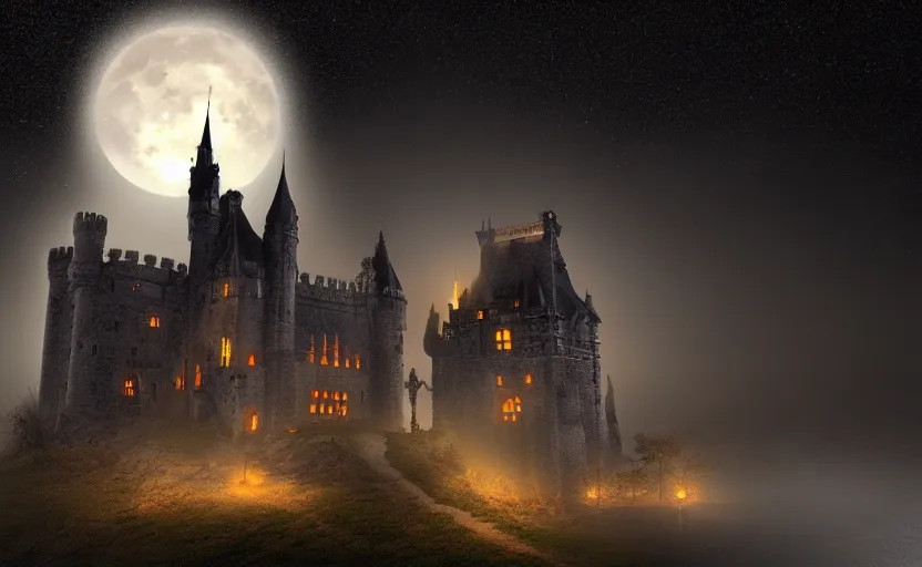 Prompt: a picture of burning!!! gothic! castle in fog, full moon, visual art, 8 k resolution, 3 d modelling, accent lighting, art station
