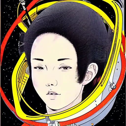 Prompt: portrait of female astronaut painted in miyazaki color style drawn by katsuhiro otomo and takato yamamoto, high detail, intricate linework, sharp, smooth face, china doll face, high detail, manga and anime