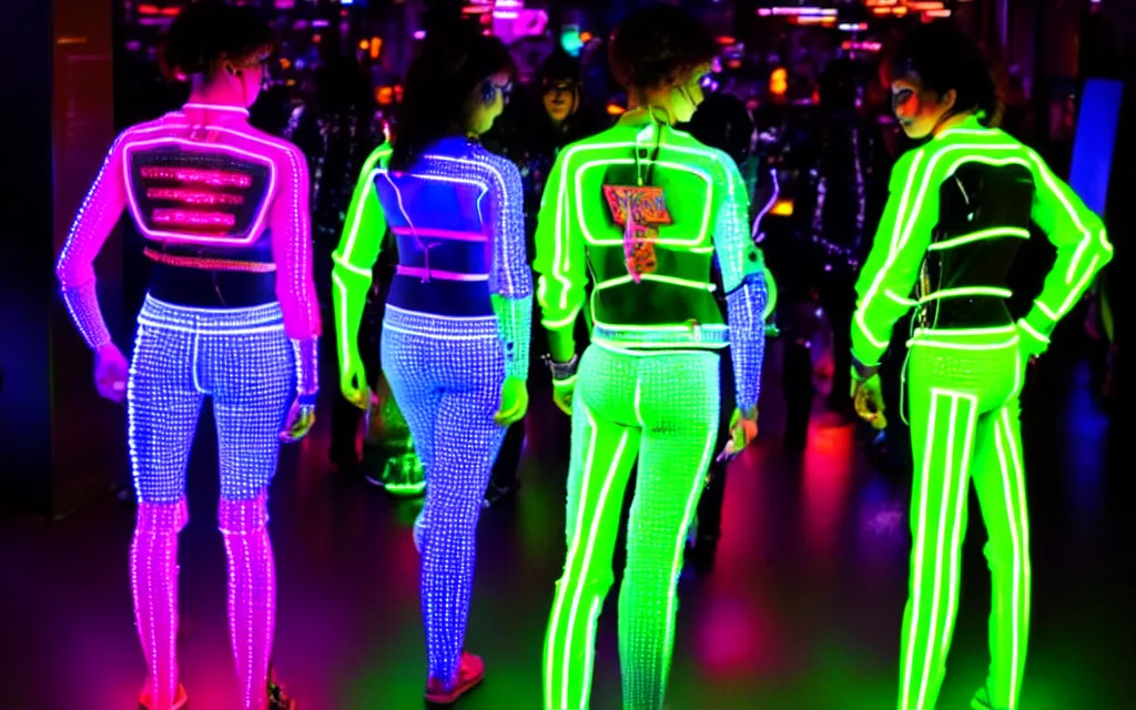 Image similar to love, diverse neon cybersuits, from behind, wide wide angle, vivid, elaborate, highly detailed, beautiful lighting