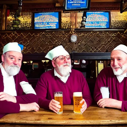 Image similar to the three wise men in period regal clothing in a wetherspoons pub having a pint