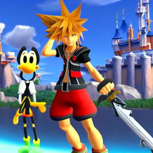 Image similar to A leaked image of a Warrior cats world in Kingdom Hearts 4, Kingdom hearts worlds, Sora donald and Goofy exploring the world of Warrior cats, action rpg Video game, Sora wielding a keyblade, Disney inspired, cartoony shaders, rtx on