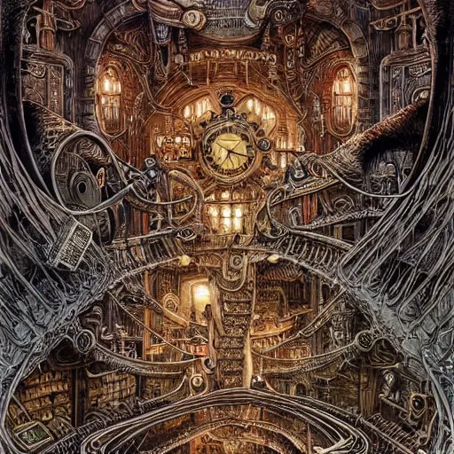 Prompt: a hyper realistic painting of an intricate steampunk labyrinth, by joe fenton, highly detailed, vivid color,