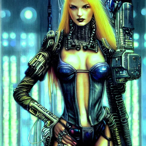 Image similar to an award finning closeup portrait by clyde caldwell and luis royo of a very beautiful and attractive female bohemian cyberpunk traveller aged 2 1 in excessively fashionable cyberpunk gear