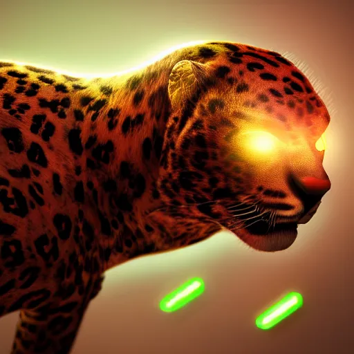 Image similar to portrait of a neon cyberpunk cyborg jaguar animal, octane render