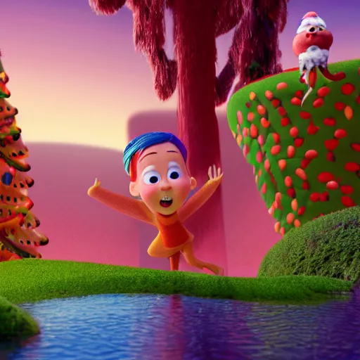 Image similar to Animated film still from a Pixar movie with a Candy land forest during christmas time with anthropomorphic ginger bread people and candy people, rivers made out of chocolate milk, the sky is pink, style of Pixar, Surreal, Angelic, HD, Hyper Realistic