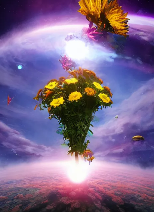 Image similar to An epic fantastic realism comic book style painting of the most beautiful flowers launched into space, bouquets, solar eclipse, fisheye, unreal 5, DAZ, hyperrealistic, octane render, dynamic lighting