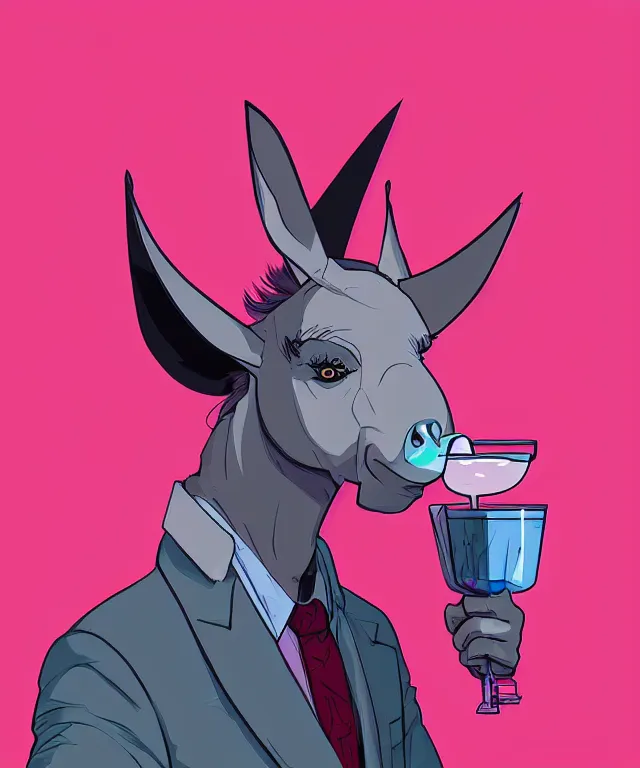 Image similar to a portrait of an anthropomorphic donkey holding a martini, cyberpunk!, fantasy, elegant, digital painting, artstation, concept art, matte, sharp focus, illustration, art by josan gonzalez