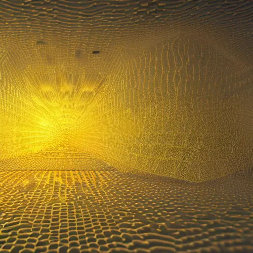 Prompt: highly detailed 3 d rendering in octane and vray of slime mold made of cellular automata according to golden ratio pattern floating in space. beautiful mystical lighting, mist, sigma 2 4 mm