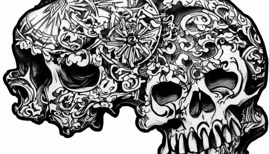 Prompt: highly detailed skull, Japanese ornament, tattoo ink sketch, isolated on white background