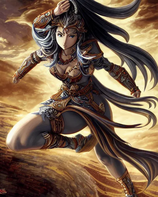 Image similar to A beautiful female warrior running, D&D, beautiful face, highly detailed face, fantasy art, female art, in the style of masami kurumada, illustration, epic, fantasy, intricate, hyper detailed, artstation, concept art, smooth, sharp focus, ray tracing