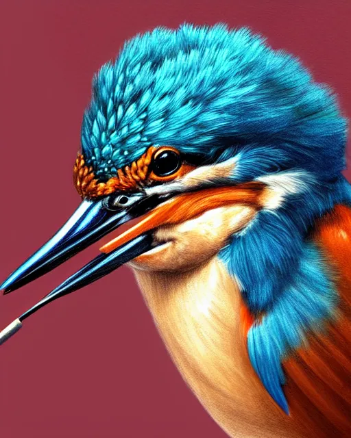 Prompt: portrait of a kingfisher, human body, bird head, sophisticated with a tobacco pipe in its mouth, classic portrait, intricate, elegant, highly detailed, symmetry, headpiece, digital painting, artstation concept art smooth sharp focus, illustration