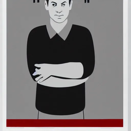 Prompt: minimalist soviet propaganda of sheldon cooper standing with folded arms, by le corbusier and diego rivera