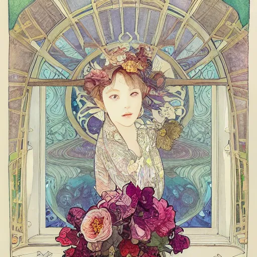 Image similar to a beautiful intricate watercolor illustration of a flower still life in a windows, 4 k, ultra - wide angle, by william turner, by victo ngai, by alphonse mucha, by miho hirano, hd, trending on artstation, hyper detailed, muted colors