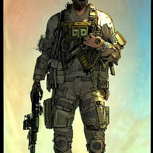 Image similar to Hector. USN special forces recon operator in futuristic gear, cyberpunk headset, laser guidance, on patrol in the Australian neutral zone, deserted city landscape. 2087. Concept art by James Gurney and Alphonso Mucha