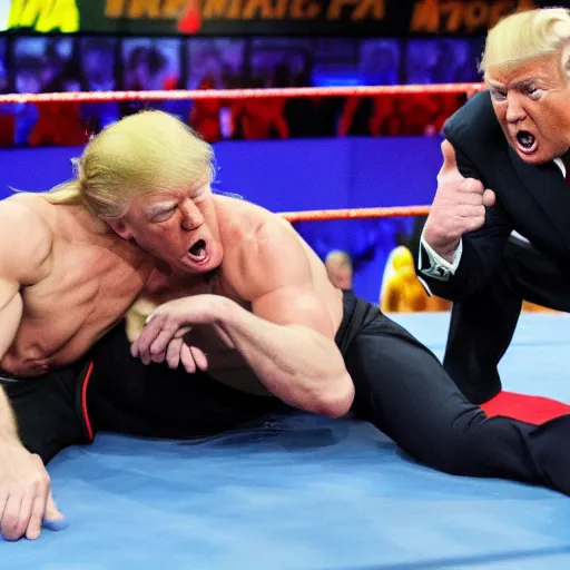 Image similar to donald trump wrestling vladimir putin, wrestling ring, vivid, colorful