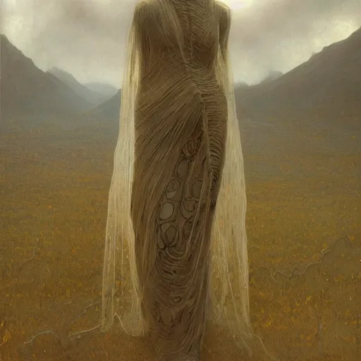 Image similar to woman, covered in transparent cloth, plastic, mountains, thunder clouds, Masterpiece, glowing, wires everywhere, by Edgar Maxence and Ross Tran, Zdzisław Beksiński, and Michael Whelan, distant, gustav dore, H.R. Giger, 8k, octane render