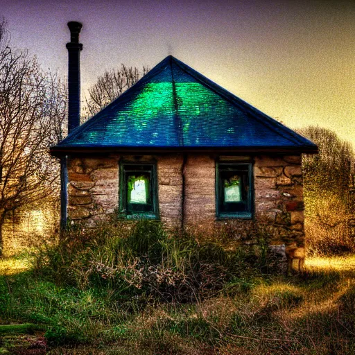 Image similar to specs of light, iridescent bokeh, abandoned cottage