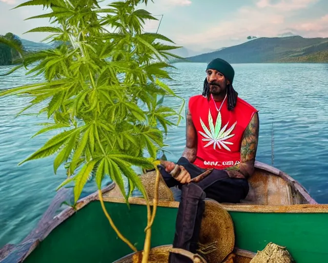 Image similar to photograph of Snoop Dogg sitting in a fishing boat on a river and holding a huge cannabis plant, highly detailed, 4k, hd