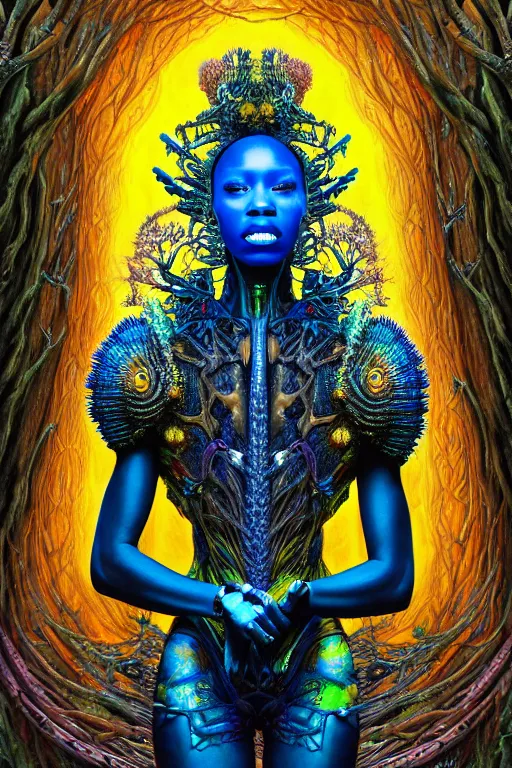 Image similar to hyperrealistic maximalist super expressive! black woman with exoskeleton armor, merging with tree in a forest, highly detailed digital art masterpiece smooth cam de leon hannah yata dramatic pearlescent blue yellow light ground angle hd 8k sharp focus