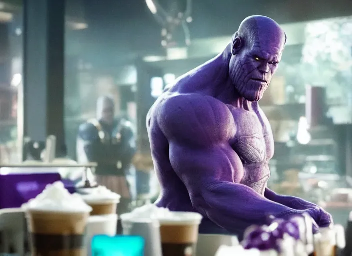 Image similar to film still of Thanos as a baristaat Starbucks in Avengers Infinity War, 4k