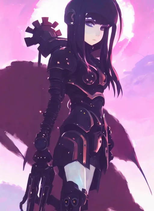 Image similar to portrait of cute goth girl in cyber armor, warhammer, illustration concept art anime key visual trending pixiv fanbox by wlop and greg rutkowski and makoto shinkai and studio ghibli