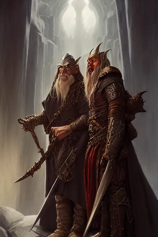 Prompt: a portrait of an elven wizard next to a dwarf paladin, grimdark extremely detailed fantasy art by Gerald Brom, octane render