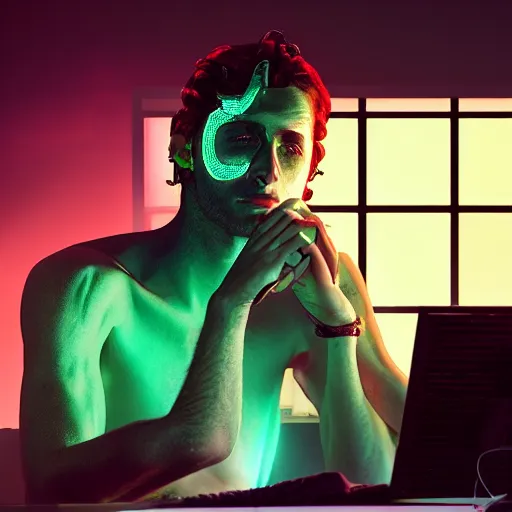 Prompt: a man sitting in front of a computer screen, glow on face, connected with wires to computer, https://i.ibb.co/Wz2Fw91/sebastian-szmyd-vhs-cyberpunk-2.jpg