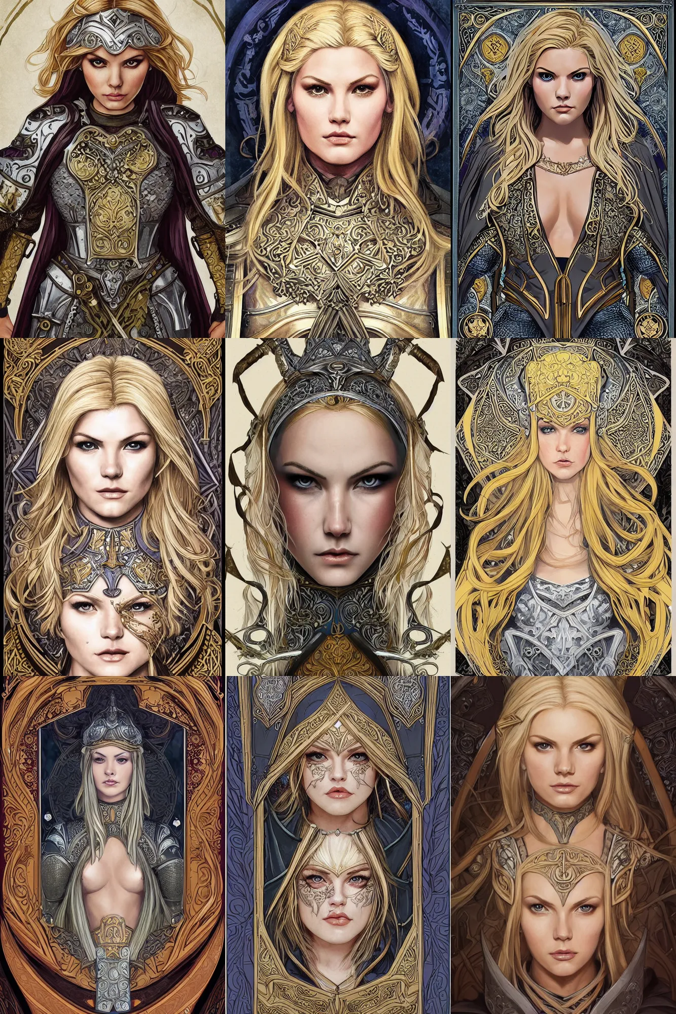 Prompt: head-on symmetrical centered painted portrait, Elisha Cuthbert as a paladin, blonde hair, ornate heavy plate armour, art nouveau, tarot card style, medieval robes, fantasy, intricate, elegant, highly detailed, smooth, sharp focus, illustration, artstation, in the style of Ross Tran and by Jesper Ejsing and by Mikalojus Konstantinas Ciurlionis