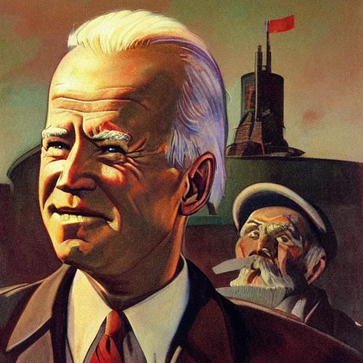 Prompt: soviet propaganda of communist peasant joe biden by j. c. leyendecker, bosch, and beksinski