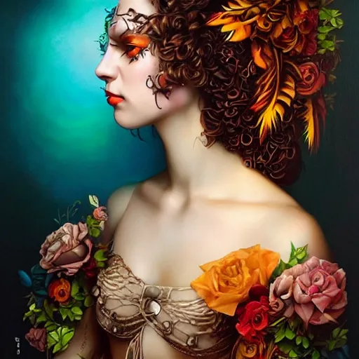 Image similar to Lofi magicpunk portrait beautiful woman with short brown curly hair, roman face, phoenix, rainbow, floral, Tristan Eaton, Stanley Artgerm, Tom Bagshaw