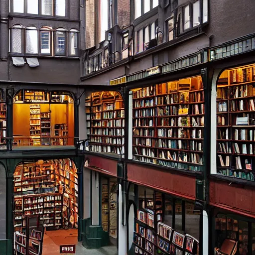 Prompt: a multistory bookshop, 85mm dslr photo by Malcolm Morley, featured on cg society, arts and crafts movement, national geographic photo, streetscape, atmospheric, early evening, cloudy