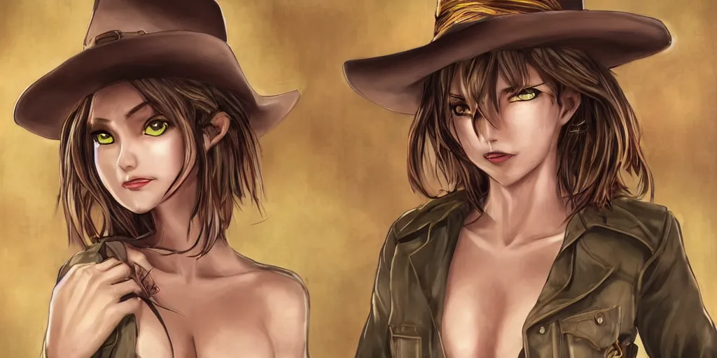 Image similar to a portrait one person, complexity, global lighting, detail, ultra sharpness, beautiful female sheriff body from games yoshihiro togashi style, big eyes, plump lips, a gunshot, global lighting, western saloon theme, detailed faces, blank faces, style by huyy nguyen,