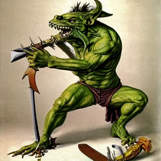 Image similar to dog - faced muscular goblin, ugly face, lizard tail, holding scimitar made of bone, scimitar, sword, jagged sword, curved sword, orkish sword, colorized, green skin, hyper - detailed, primeval fantasy, prehistoric fantasy, art by jacques - louis david