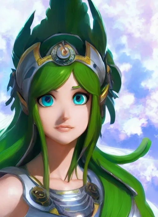 Image similar to portrait, head and torso only, palutena, trending on artstation, concept art, movie poster, fine detail, extremely detailed, sharp focus, smooth, digital illustration, by rossdraws, frank franzzeta, sakimichan, corrected hand, perfect hands