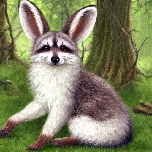 Image similar to cute fluffy hybrid animal cross between fox, raccoon, and lop eared bunny rabbit sitting in a forest landscape detailed painting 4 k