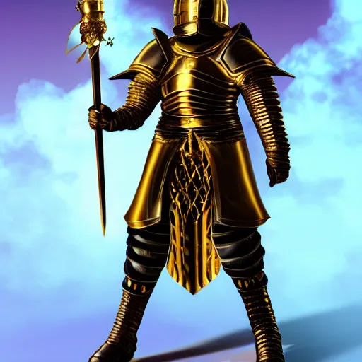 Image similar to a highly detailed knight with glowing purple eyes in a golden helmet and a golden crown with a diamond in the center, golden armor, leather clothes under the armor, leather gloves, holds a black sword, artstation, DeviantArt, professional, octane render, sunset lighting