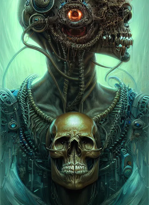 Prompt: closeup portrait of a skull character in a scenic dystopian neon environment, intricate, elegant, highly detailed, centered, digital painting, artstation, concept art, smooth, sharp focus, illustration, artgerm, tomasz alen kopera, peter mohrbacher, donato giancola, joseph christian leyendecker, wlop,