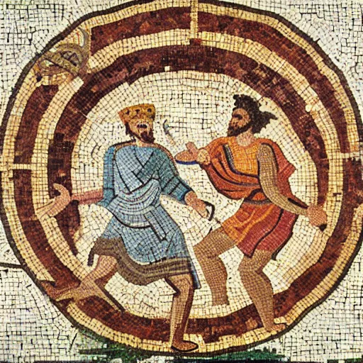 Prompt: an ancient roman mosaic of 2 persons throwing a frisbee