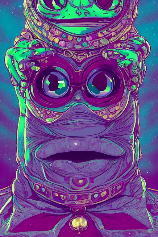 Prompt: maximalist detailed gemstone pepe the frog by adoryanti, machine. delusions, holosomnia, electrixbunny, rendered in discodiffusion. decorated with pearls and gems, behance hd by jesper ejsing, by rhads, makoto shinkai, ilya kuvshinov, rossdraws global illumination ray tracing hdr radiating a glowing aura