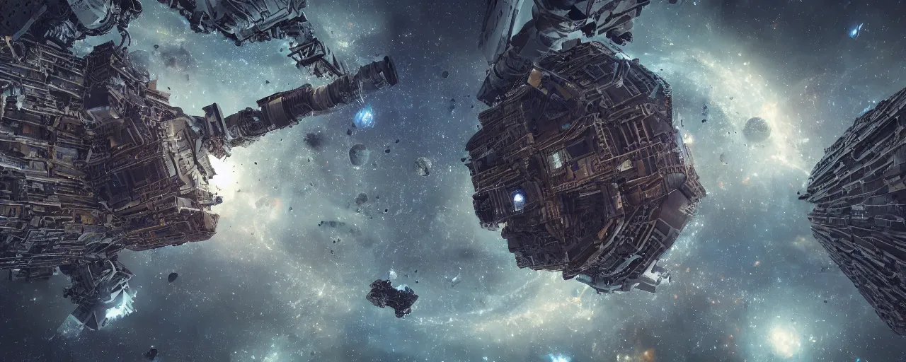 Prompt: movie still, intricate derelict hive megastructures, thin horizontal nebula, a dark epic galaxy, space scene, dark scifi, unreal engine, octane render, detailed and intricate, global illumination, volumetric lighting, hubble telescope images, james webb telescope images, houdini fluid simulation, detailed and intricate environment