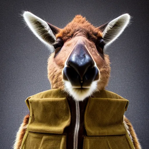 Image similar to a photo of a buff kangaroo wearing a safari hat and vest, studio photography, 8 k