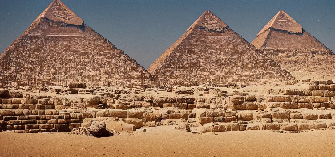 Image similar to vintage landscape photo of giza pyramids, taken leica m 5 with kodak ektachrome, photo realism, film photography, highly detailed