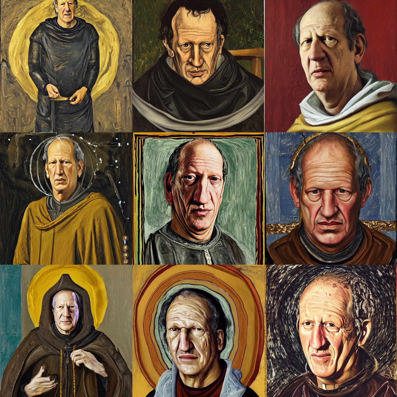 Prompt: a portrait painting of werner herzog as a medieval saint, in the style of lucian freud