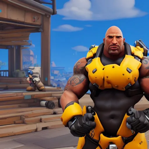 Prompt: screenshot from overwatch dwayne the rock johnson as a fortnite character