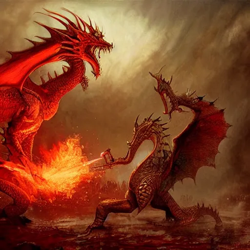 Image similar to epic fantasy painting of ancient red dragon breathing fire towards knight, by daarken, by seb mckinnon, high detail, fantasy battle, by jeff miracola, intricate