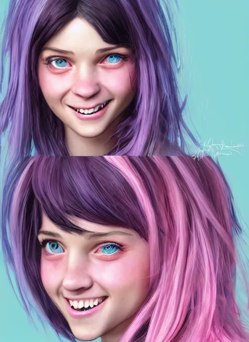 Prompt: highly detailed concept art for the main character in the award winning film named life is better in pink. the character is a unnaturally beautiful teenage girl with deep dark blue eyes, cute smile, strong black eyebrows and long curled pink dyed hair, wearing light pink clothes. realistic cg render, anatomically correct, high key lighting, trending on art station, vibrant colors.