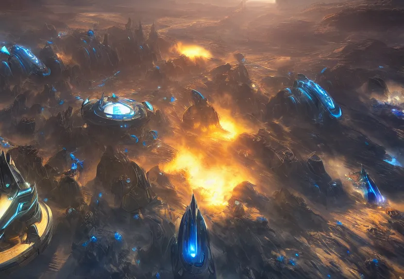 Image similar to protoss spaceship hovering above protoss city beautiful art uhd 4 k, artstation, hdr, 4 k, incredible detail, cinematic lighting, unreal engine 5