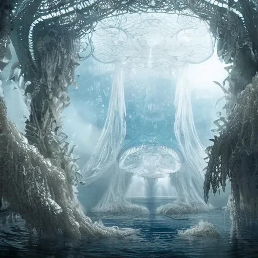 Image similar to under an white intricate like lace epic forest suspended in the air upside down, a white pool with intricate epic circles of water within floating female robots, dressed in intricate veils and jewels, and an intricate mythological underwater city, epic environment, matte painting, diffused lighting, highly detailed, cinematic, epic atmosphere, digital art, trending on artstation, wide angle